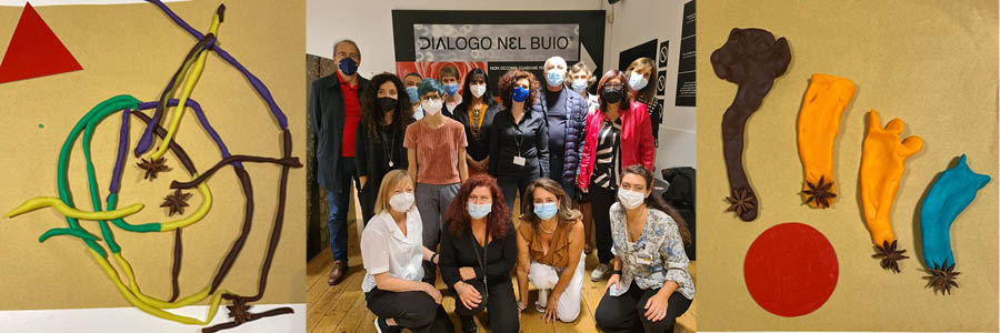 Foto di gruppo e alcuni lavori dai partecipanti al buio 