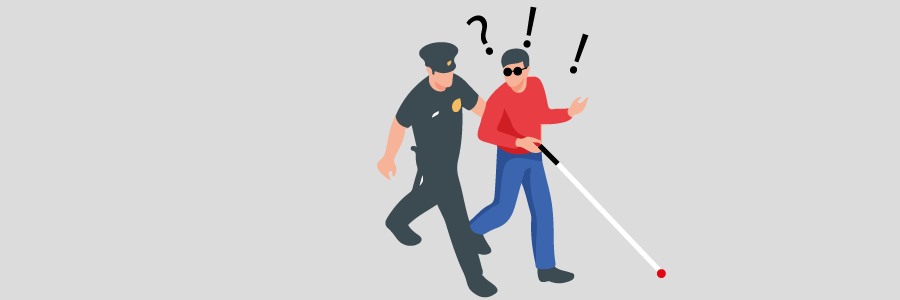 Illustrazione: persona cieca arrestata da un poliziotto