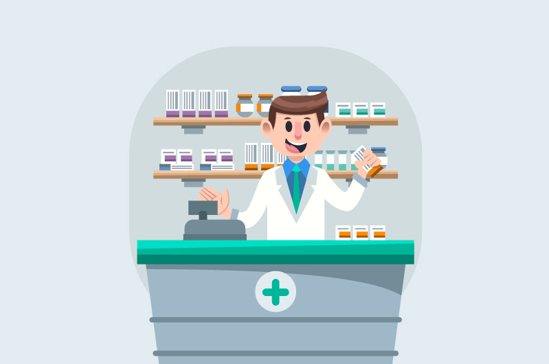 Illustrazione di un farmacista dietro il bancone