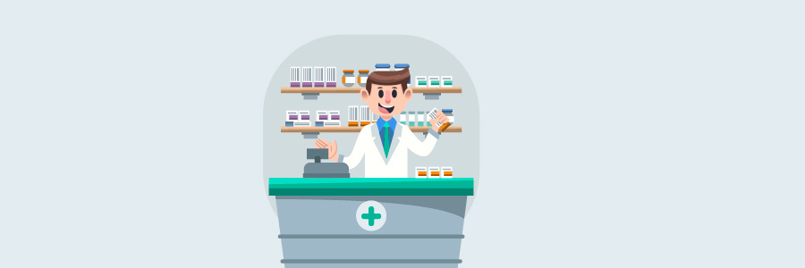 Illustrazione di un farmacista dietro il bancone