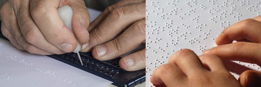 Mani che utilizzano tavoletta e punteruolo braille e mani che leggono caratteri braille.
