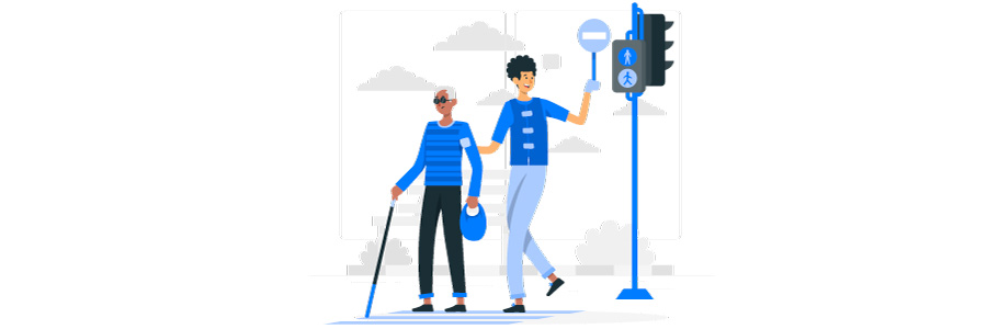Illustrazione di persona non vedente accompagnata ad attraversare la strada