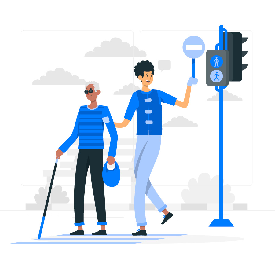 Illustrazione di persona non vedente accompagnata durante un attraversamento